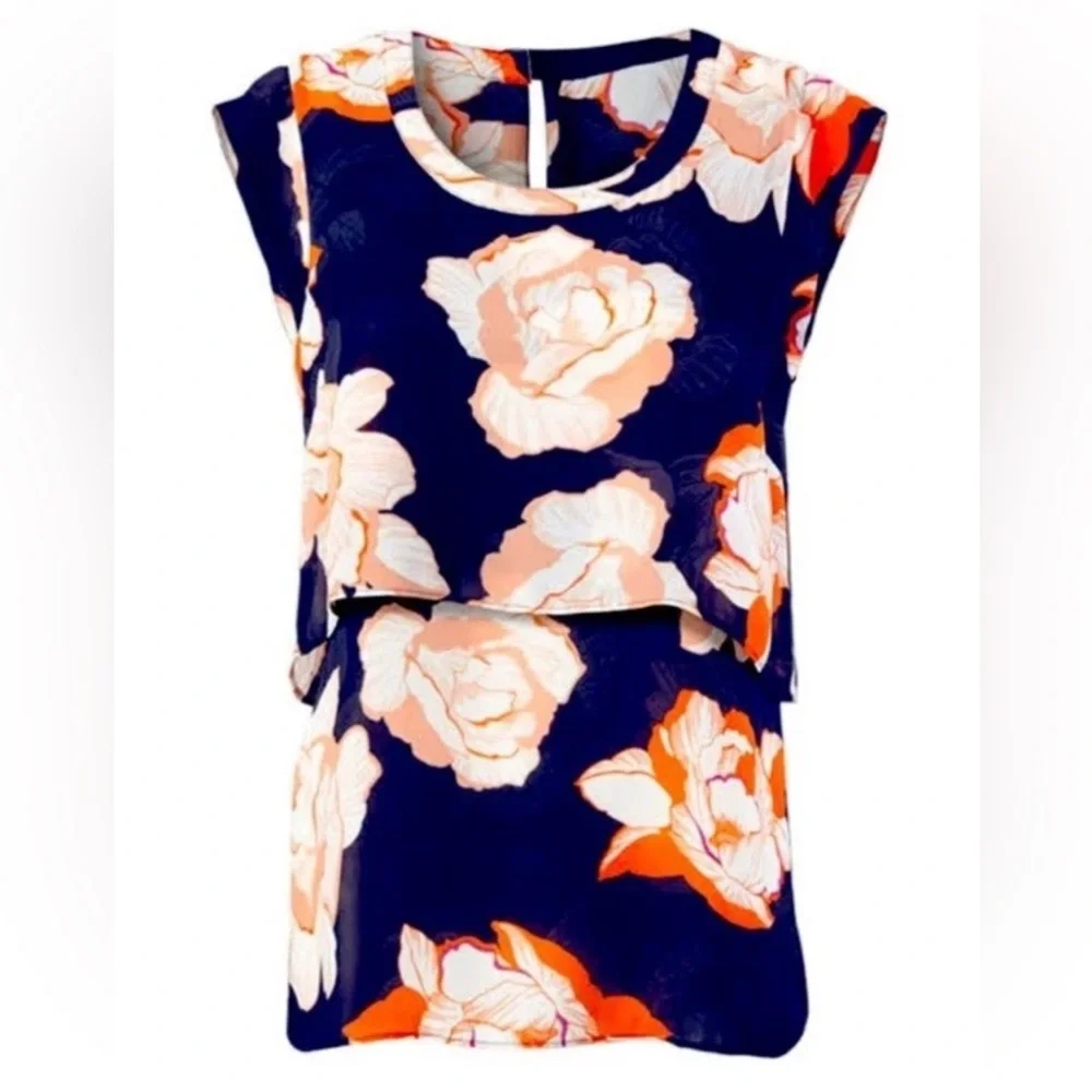 CAbi Navy Blue and Orange Blouse Vibrant Floral Top | Size S - Picture 2 of 11